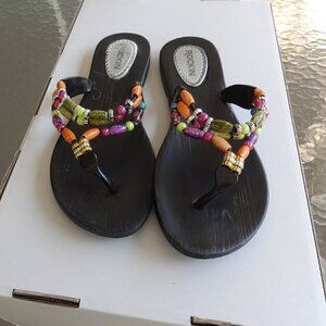 Rockin, women's flip flops size 10, black rubber , with colorful beaded straps,
